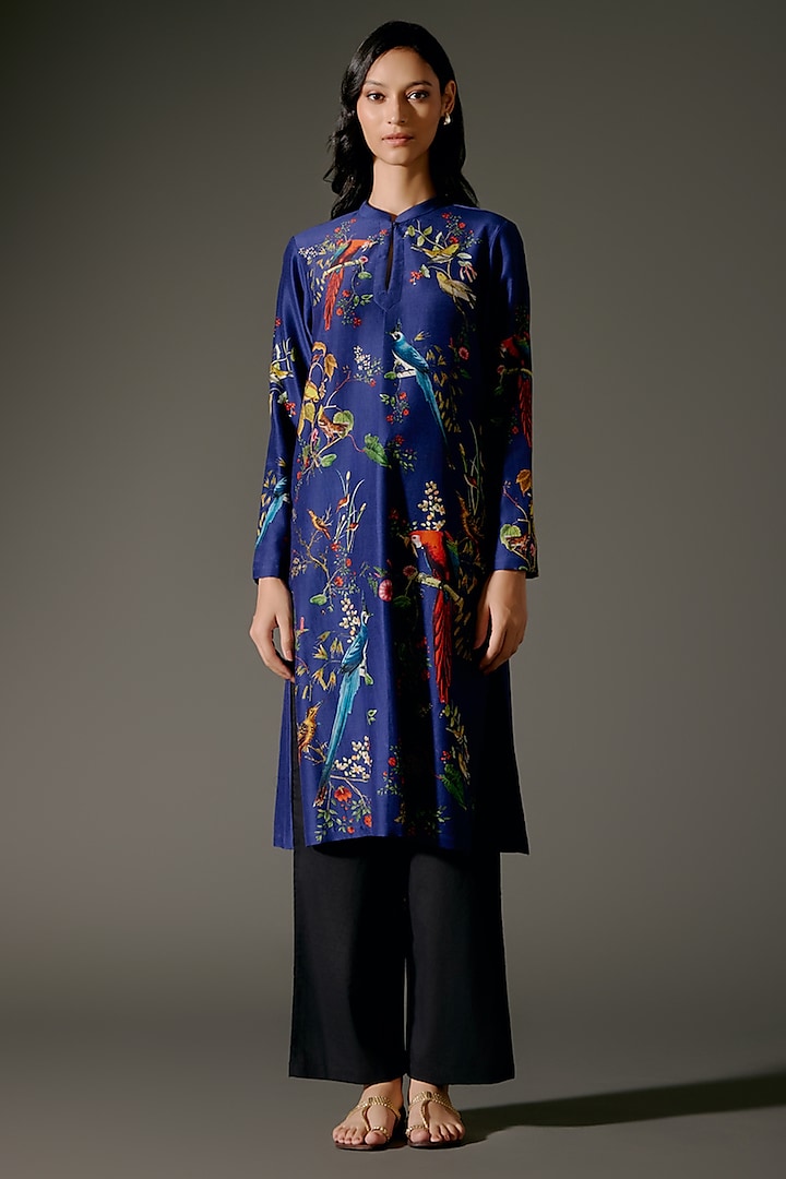 Indigo Chanderi Silk Abstract Digital Printed Tunic Set by Balance by Rohit Bal at Pernia's Pop Up Shop