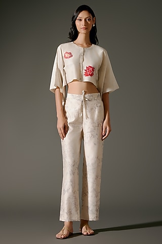 Ivory Chanderi Silk Digital Printed & Resham Embroidered Co-Ord Set by Balance by Rohit Bal