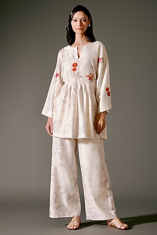 Ivory Chanderi Silk Digital Printed & Resham Embroidered Tunic Set by Balance by Rohit Bal