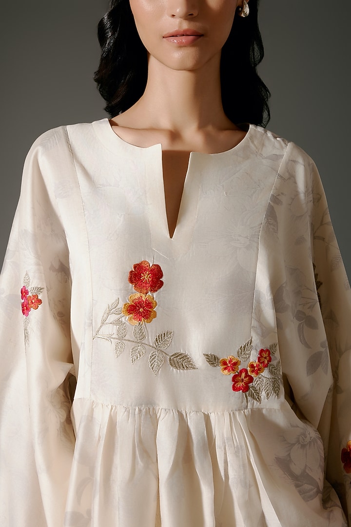 Ivory Chanderi Silk Digital Printed & Resham Embroidered Tunic Set by Balance by Rohit Bal at Pernia's Pop Up Shop