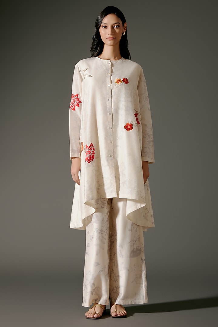 Ivory Chanderi Silk Digital Printed & Resham Embroidered A-Line Tunic Set by Balance by Rohit Bal at Pernia's Pop Up Shop