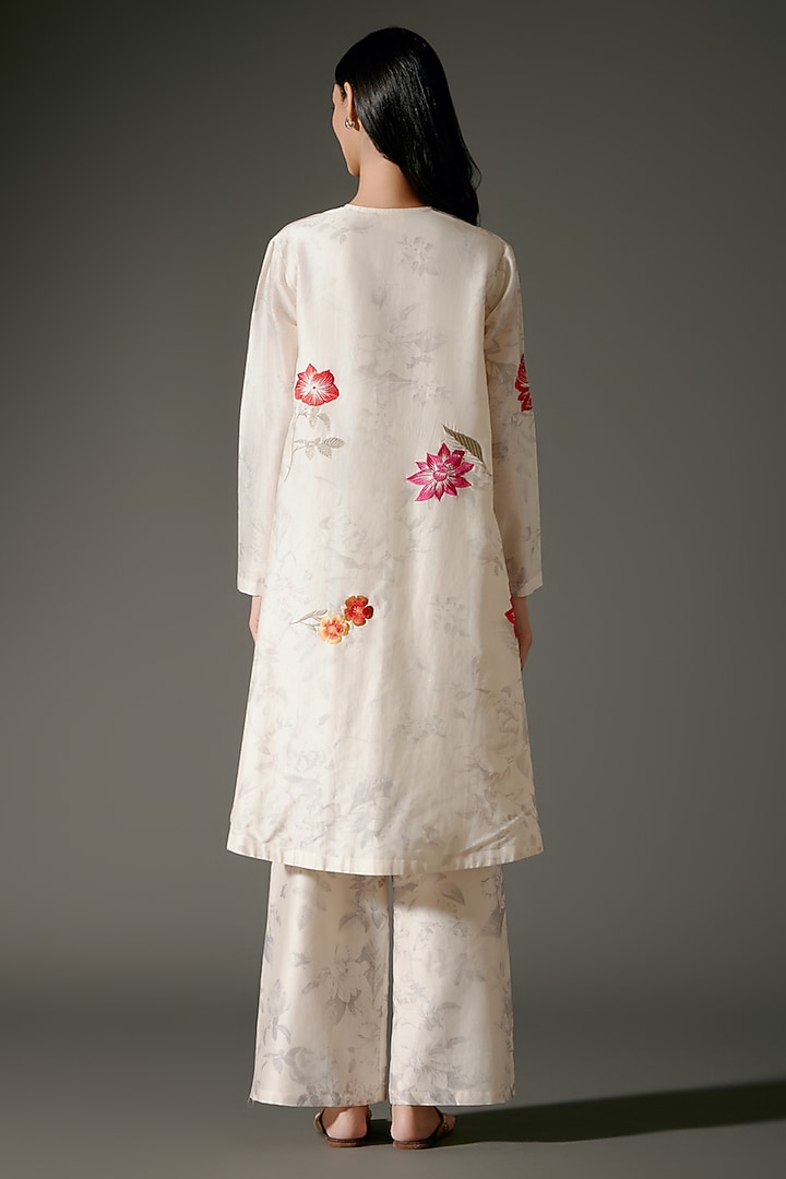 Ivory Chanderi Silk Digital Printed & Resham Embroidered A-Line Tunic Set by Balance by Rohit Bal at Pernia's Pop Up Shop