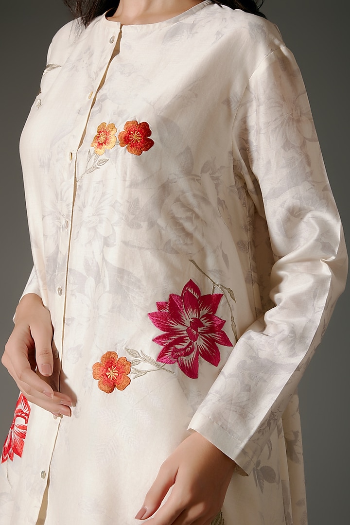 Ivory Chanderi Silk Digital Printed & Resham Embroidered A-Line Tunic Set by Balance by Rohit Bal at Pernia's Pop Up Shop