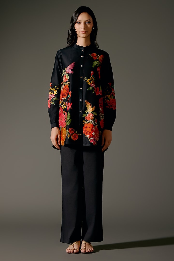 Black Chanderi Silk Digital Printed Short Tunic Set by Balance by Rohit Bal at Pernia's Pop Up Shop