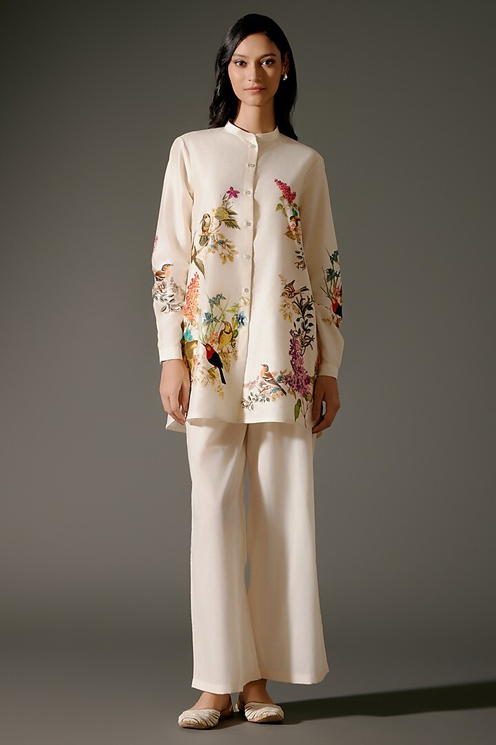 Ivory Chanderi Silk Digital Printed Short Tunic Set by Balance by Rohit Bal at Pernia's Pop Up Shop