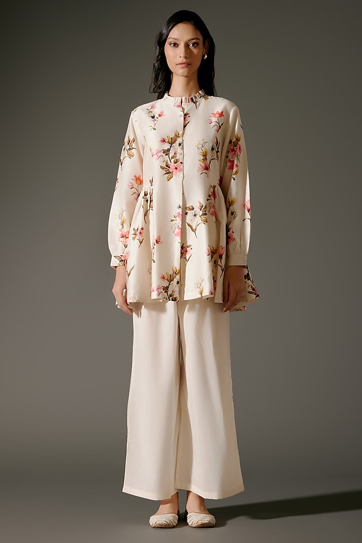 Ivory Chanderi Silk Digital Printed Short Tunic Set by Balance by Rohit Bal at Pernia's Pop Up Shop