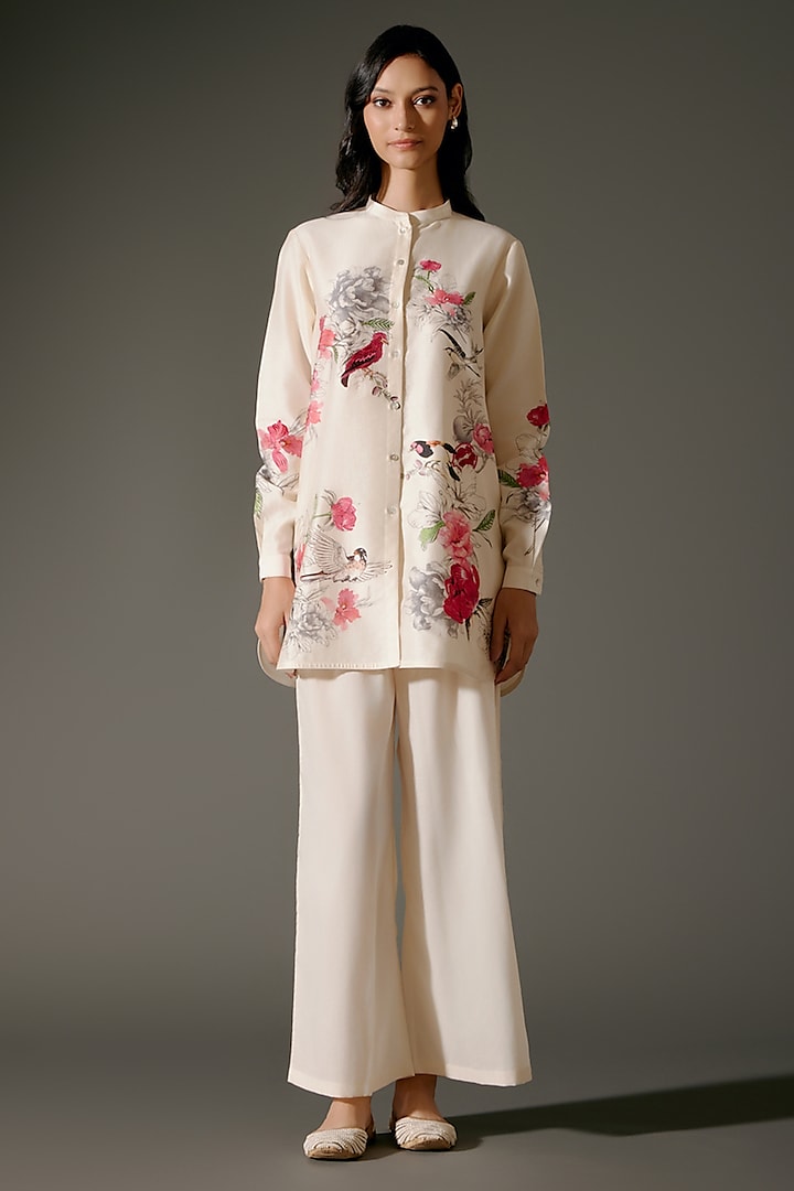 Ivory Chanderi Silk Digital Printed Short Tunic Set by Balance by Rohit Bal at Pernia's Pop Up Shop