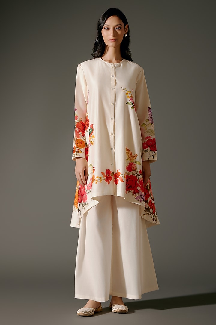 Ivory Chanderi Silk Digital Printed A-Line Flared Tunic Set by Balance by Rohit Bal at Pernia's Pop Up Shop