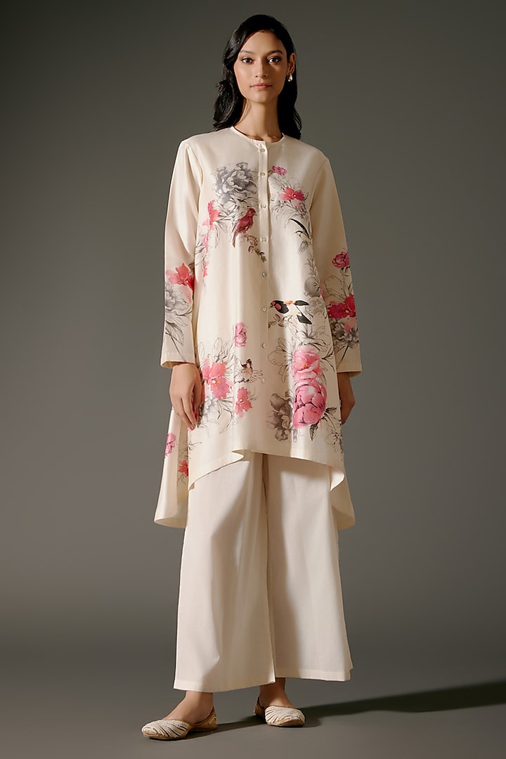 Ivory Chanderi Silk Digital Printed A-Line Flared Tunic Set by Balance by Rohit Bal at Pernia's Pop Up Shop