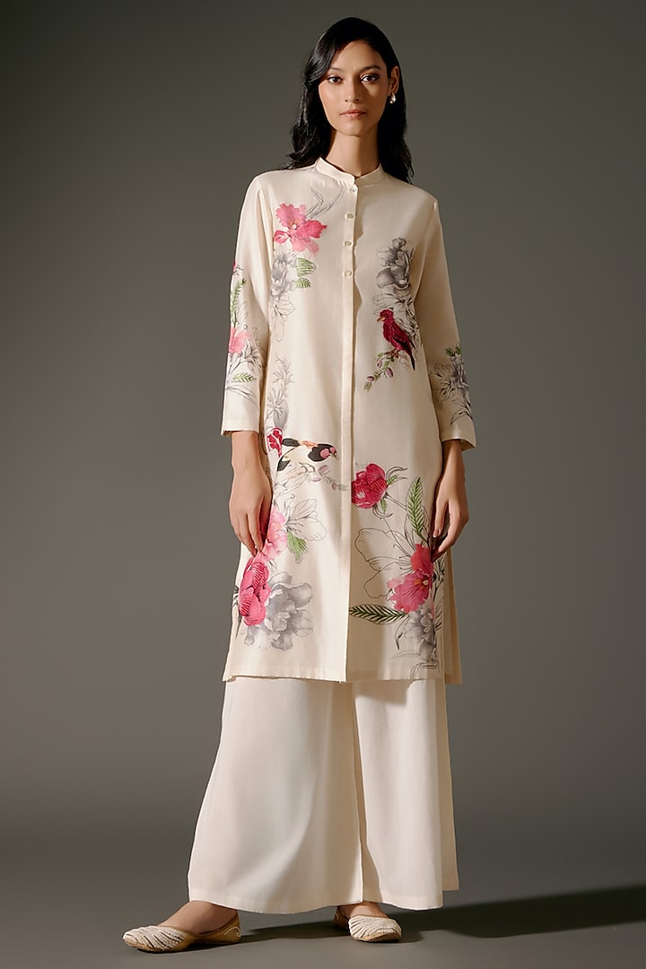 Ivory Chanderi Silk Digital Printed Straight Tunic Set by Balance by Rohit Bal at Pernia's Pop Up Shop