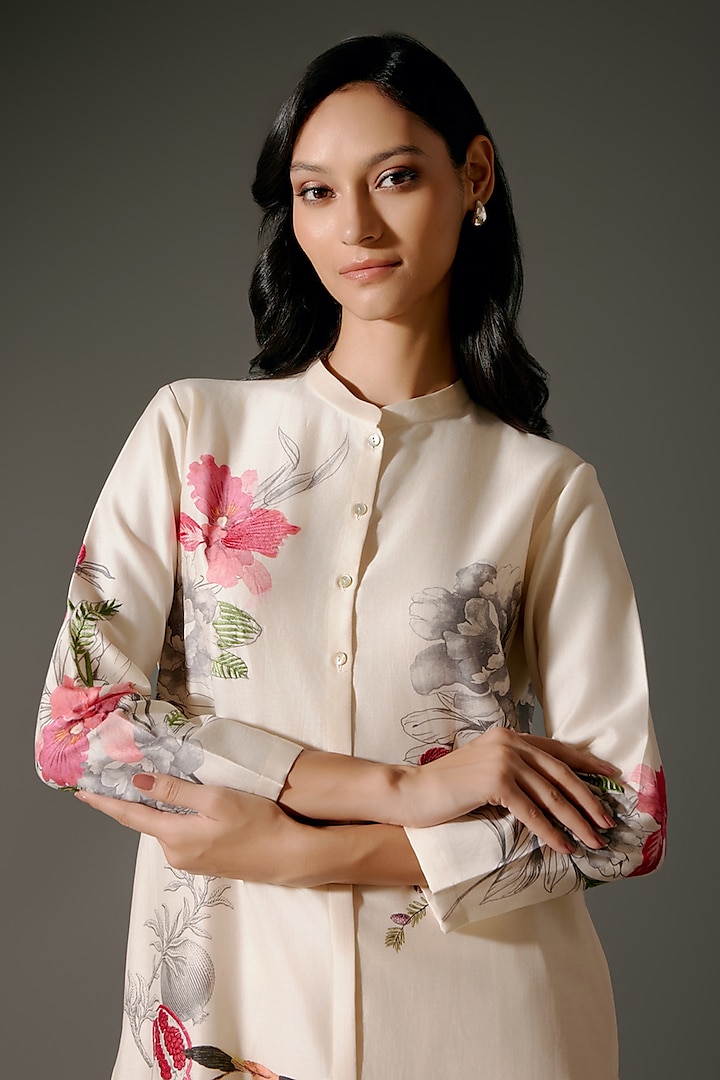 Ivory Chanderi Silk Digital Printed Straight Tunic Set by Balance by Rohit Bal at Pernia's Pop Up Shop