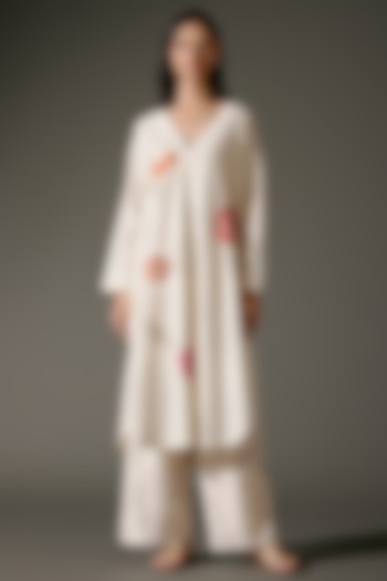 Ivory Chanderi Silk Digital Printed & Floral Embroidered A-Line Tunic Set by Balance by Rohit Bal at Pernia's Pop Up Shop