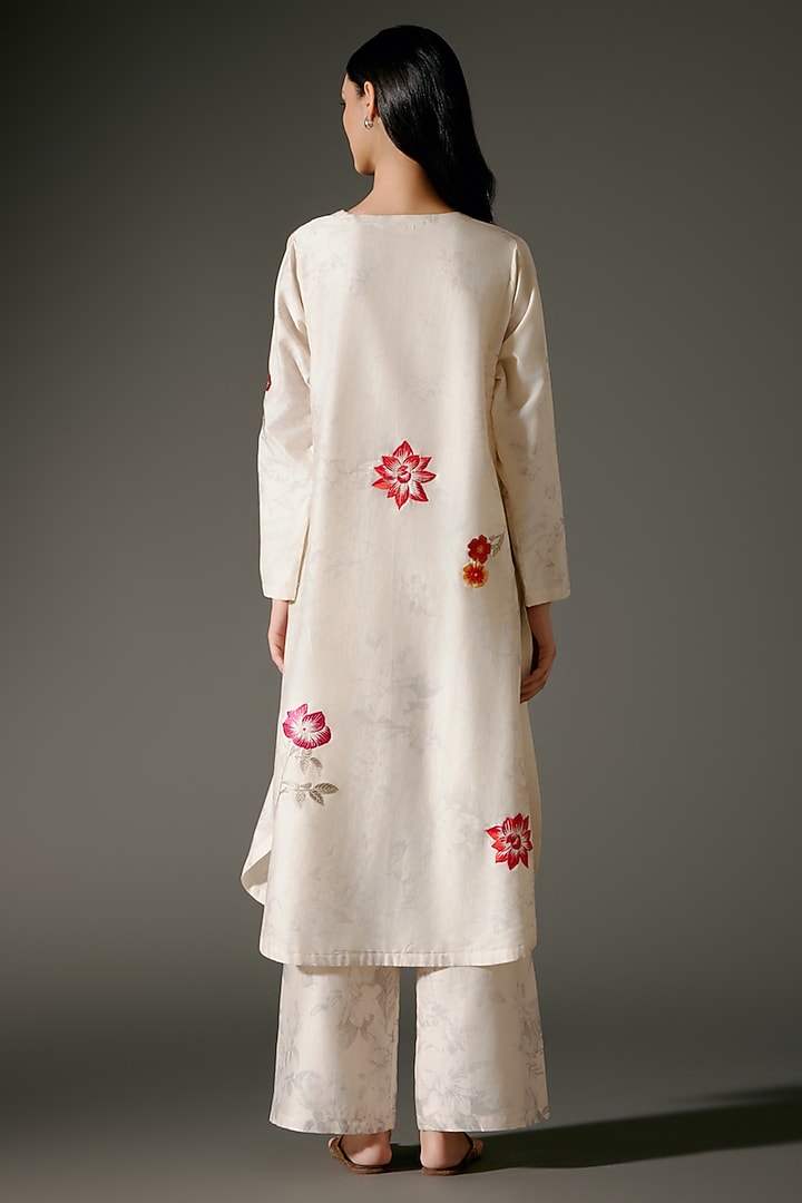 Ivory Chanderi Silk Digital Printed & Floral Embroidered A-Line Tunic Set by Balance by Rohit Bal at Pernia's Pop Up Shop