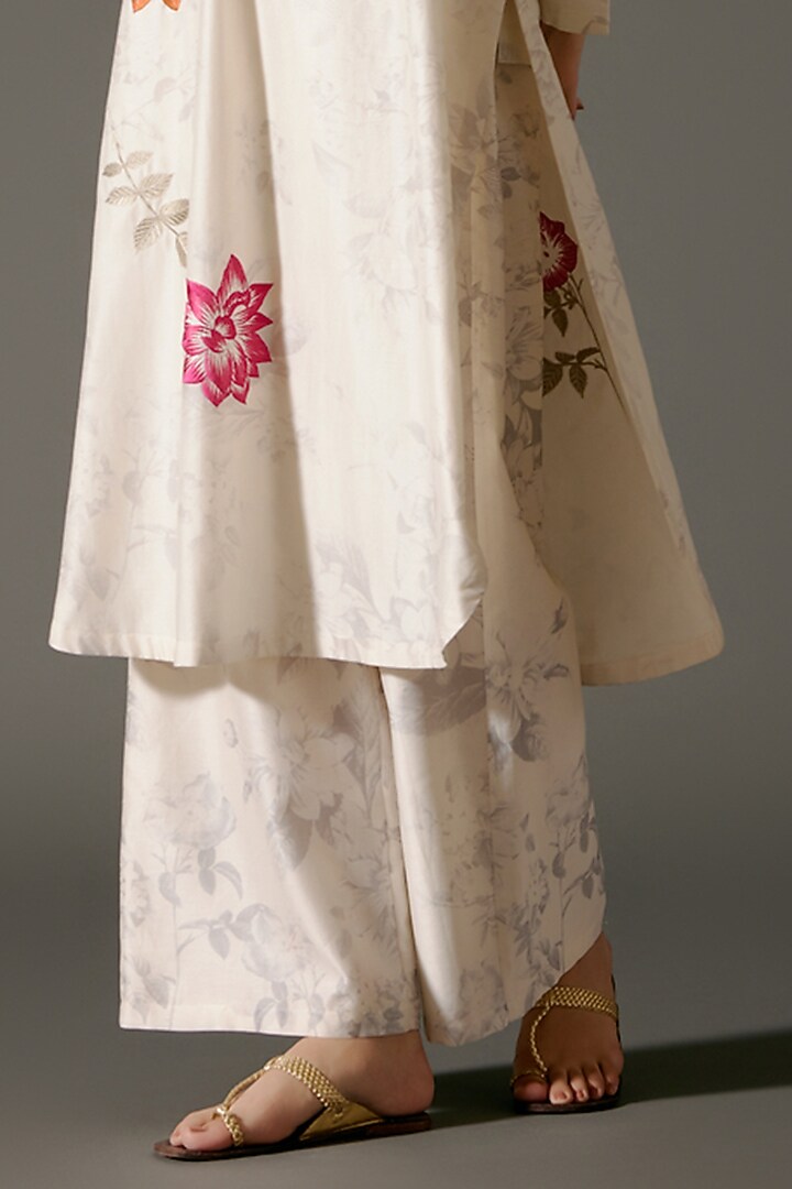 Ivory Chanderi Silk Digital Printed & Floral Embroidered A-Line Tunic Set by Balance by Rohit Bal at Pernia's Pop Up Shop
