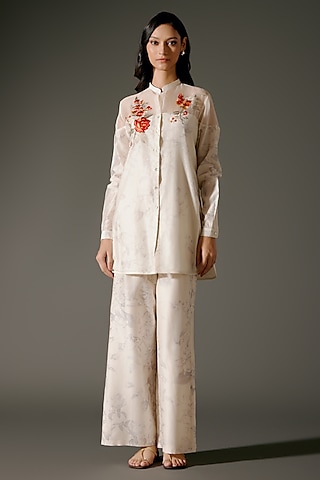 Ivory Chanderi Silk Digital Printed & Resham Embroidered Short Tunic Set by Balance by Rohit Bal