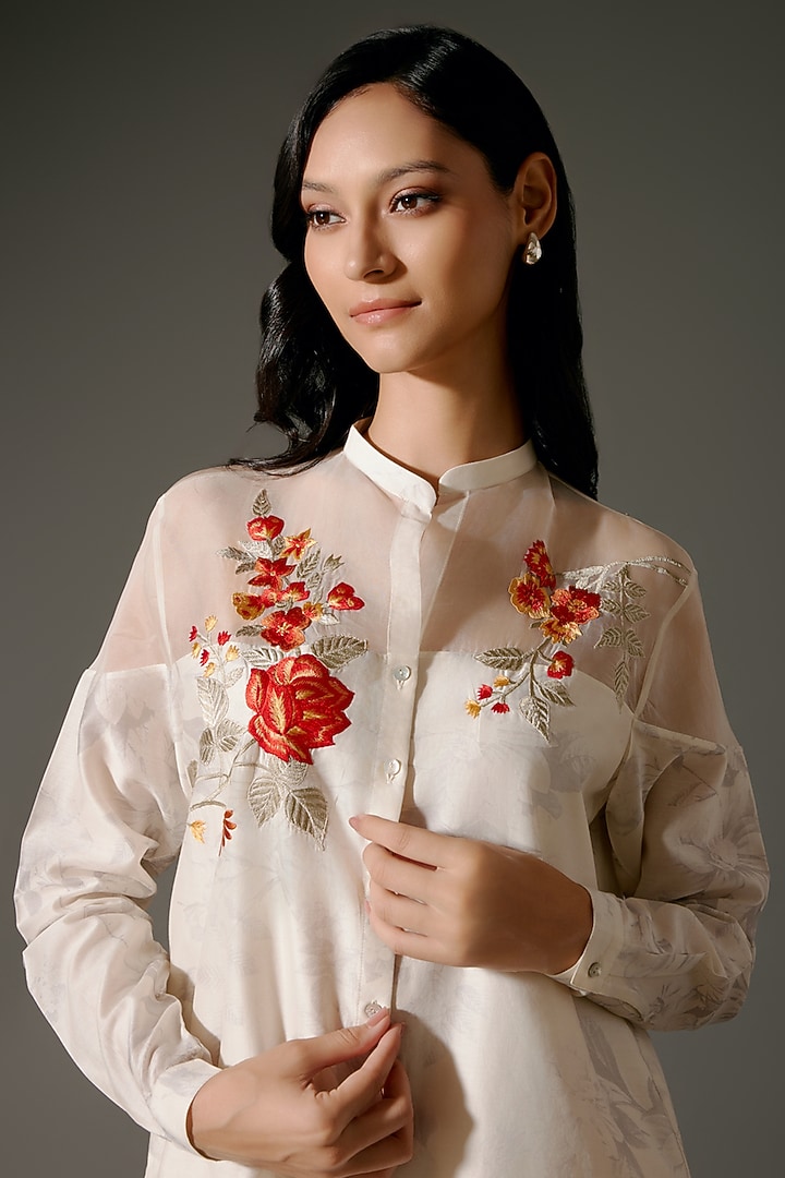 Ivory Chanderi Silk Digital Printed & Resham Embroidered Short Tunic Set by Balance by Rohit Bal at Pernia's Pop Up Shop