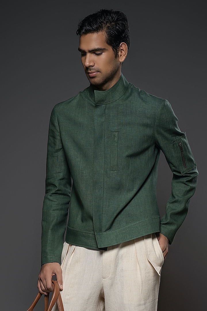 Emerald Green Linen Jacket by Balance by Rohit Bal Men