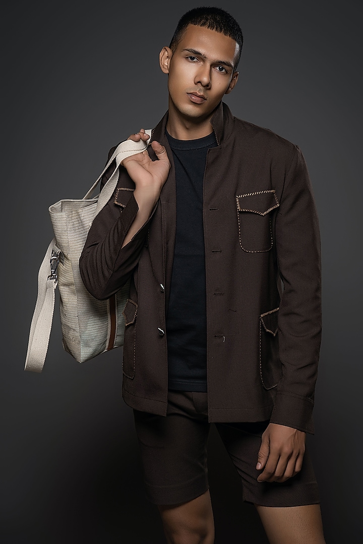 Chocolate Brown Cotton Jacket by Balance by Rohit Bal Men