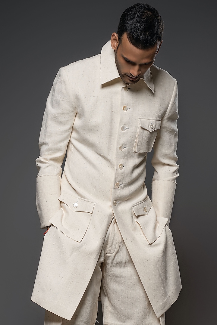White Handloom Khadi Jacket by Balance by Rohit Bal Men