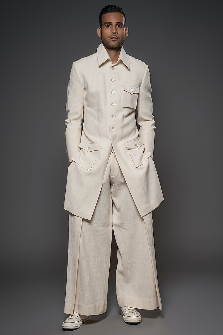 White Handloom Khadi Jacket by Balance by Rohit Bal Men at Pernia s Pop Up Shop 2024