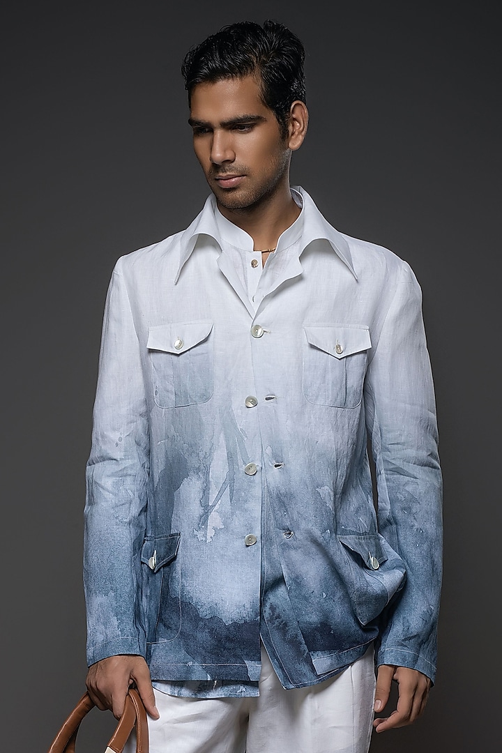 White Linen Printed Jacket by Balance by Rohit Bal Men