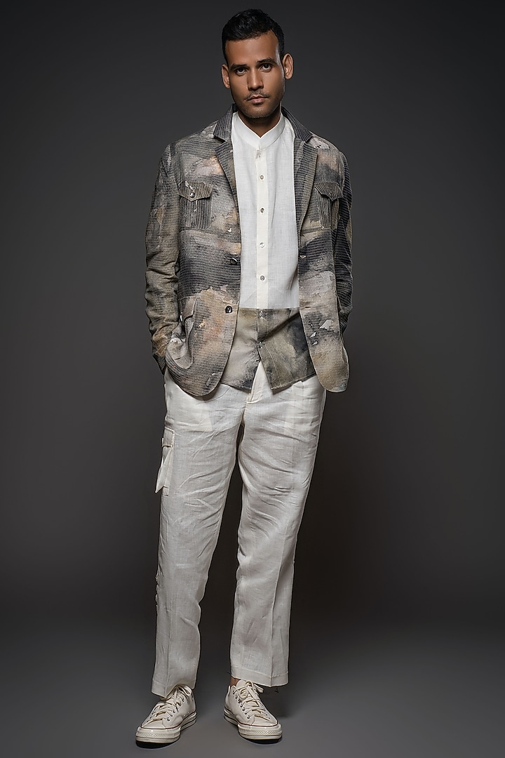 Grey Matka Silk Printed Jacket by Balance by Rohit Bal Men at Pernia's Pop Up Shop