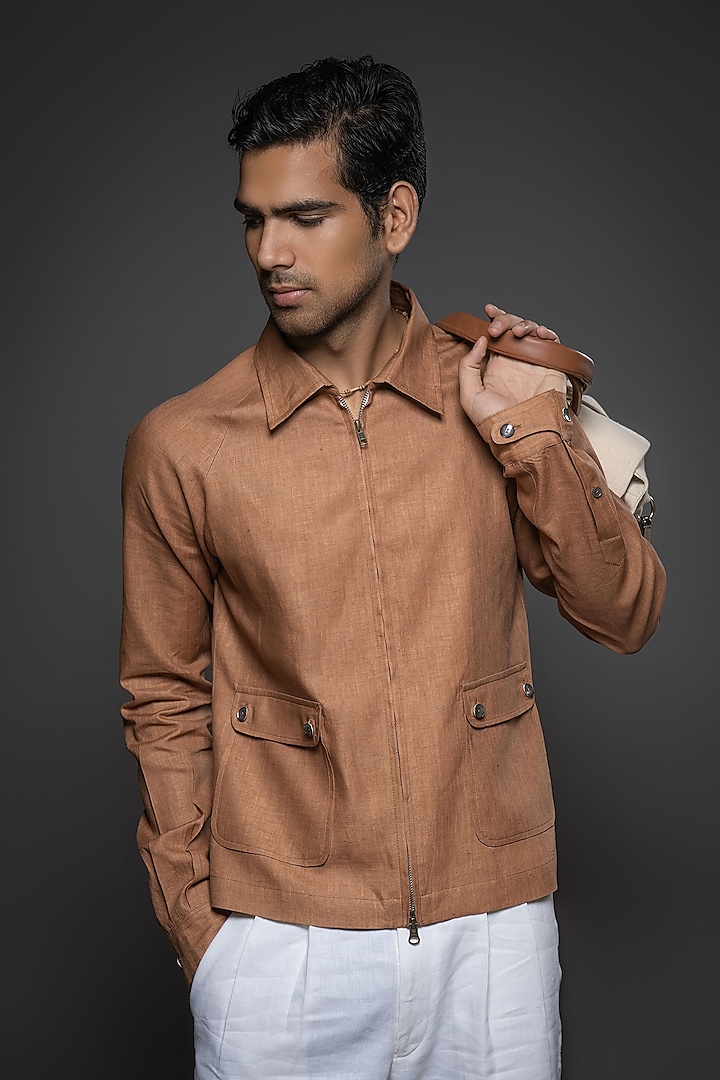 Camel Brown Linen Jacket by Balance by Rohit Bal Men