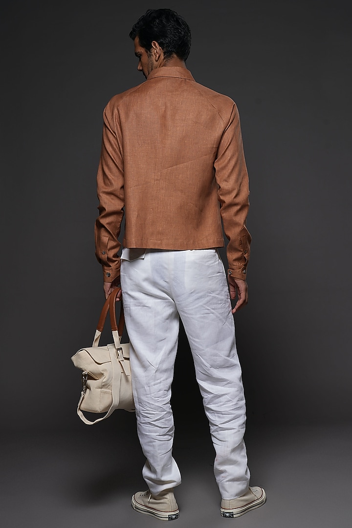 Camel Brown Linen Jacket by Balance by Rohit Bal Men at Pernia's Pop Up Shop