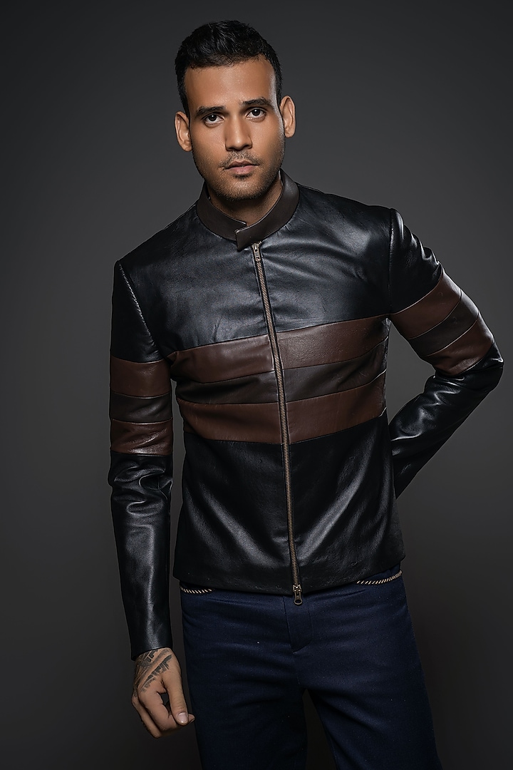 Black & Brown Leather Jacket by Balance by Rohit Bal Men