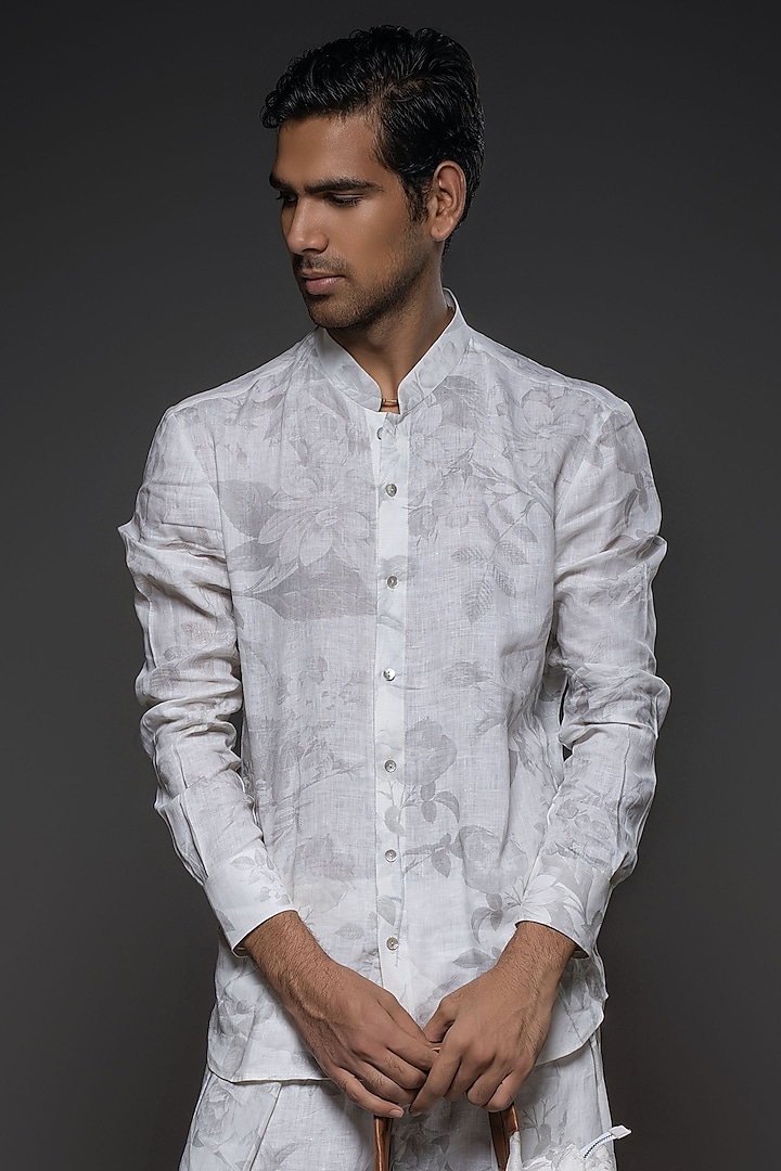 White Linen Printed Shirt by Balance by Rohit Bal Men