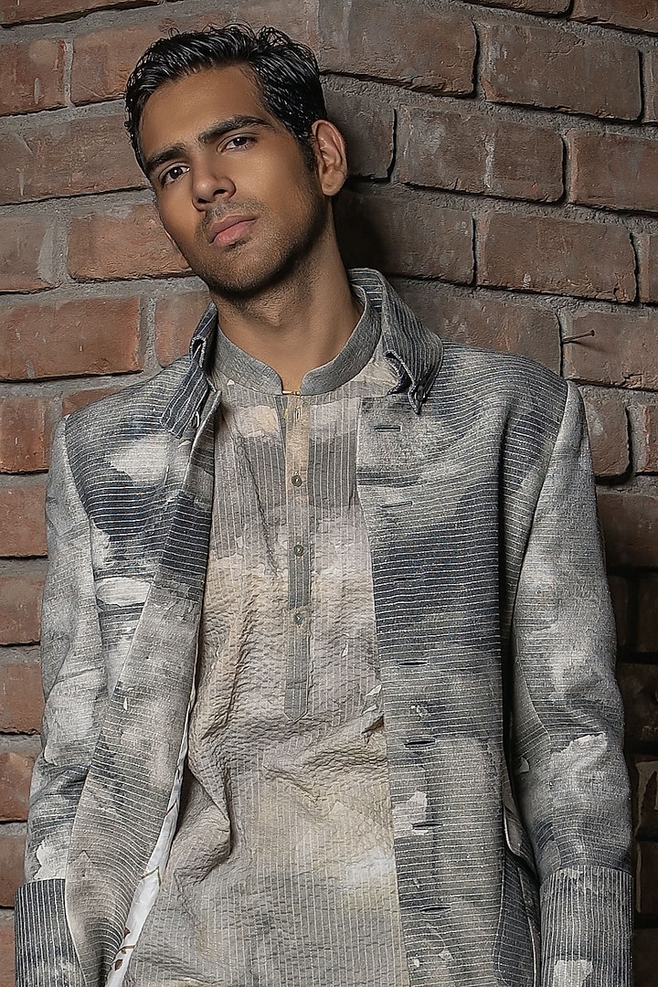 Grey Matka Silk Printed Jacket by Balance by Rohit Bal Men
