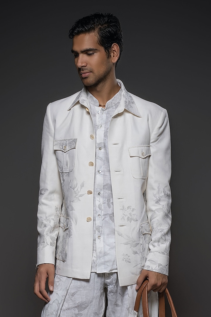 White Matka Silk Printed Jacket by Balance by Rohit Bal Men
