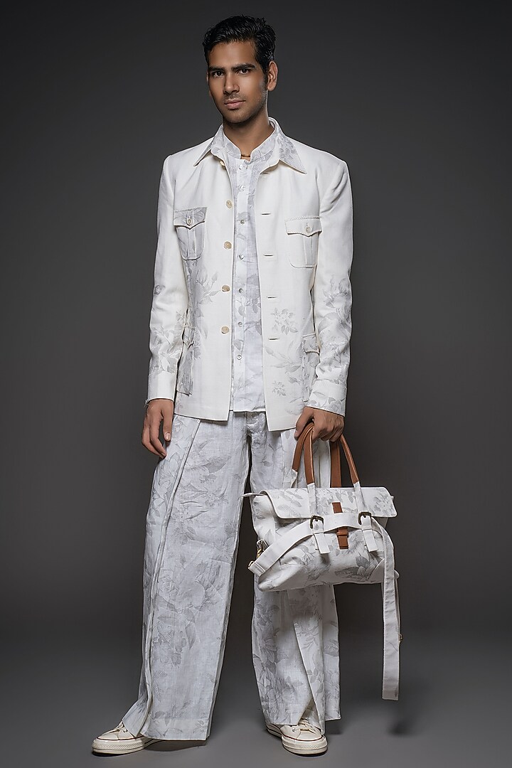 White Matka Silk Printed Jacket by Balance by Rohit Bal Men at Pernia's Pop Up Shop