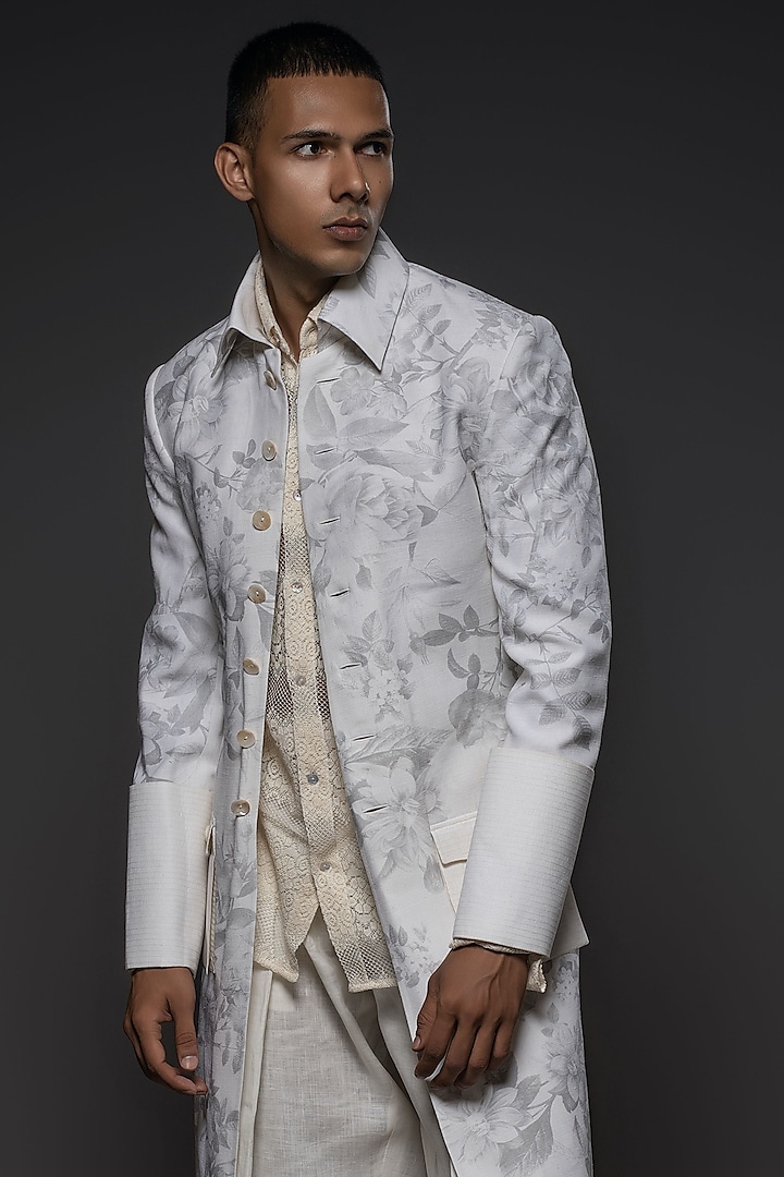 White Matka Silk Printed Long Jacket by Balance by Rohit Bal Men