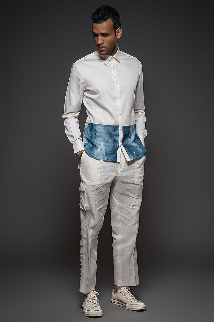 White Poplin & Voile Printed Party Wear Shirt by Balance by Rohit Bal Men at Pernia's Pop Up Shop