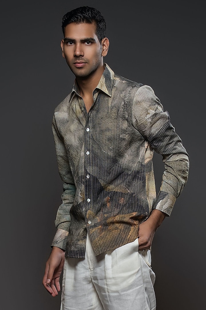 Grey Heavy Voile Printed Shirt by Balance by Rohit Bal Men