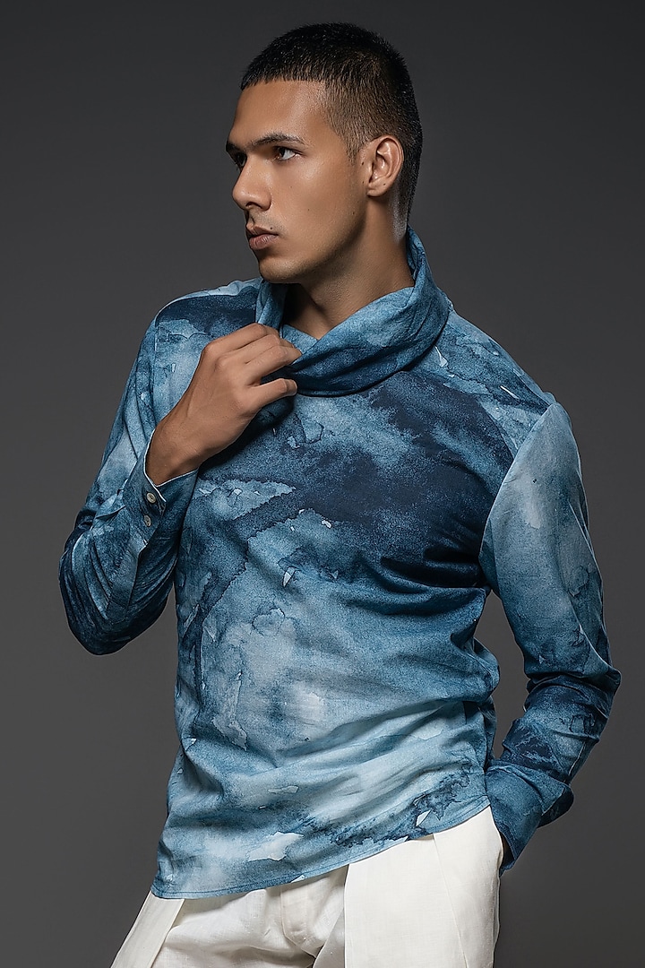 Blue Heavy Voile Printed T-Shirt by Balance by Rohit Bal Men