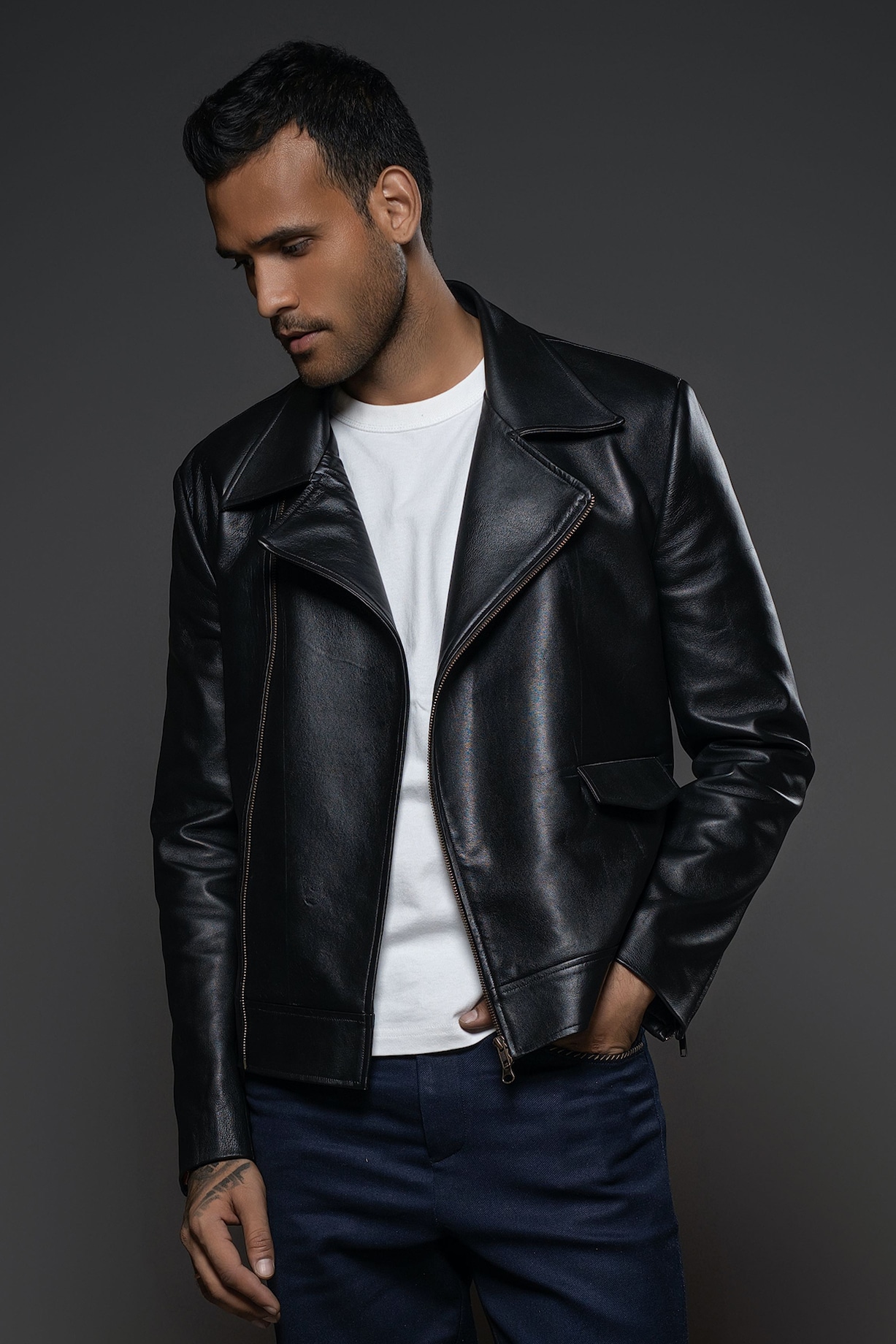 Black Leather Jacket by Balance by Rohit Bal Men at Pernia s Pop Up Shop 2024