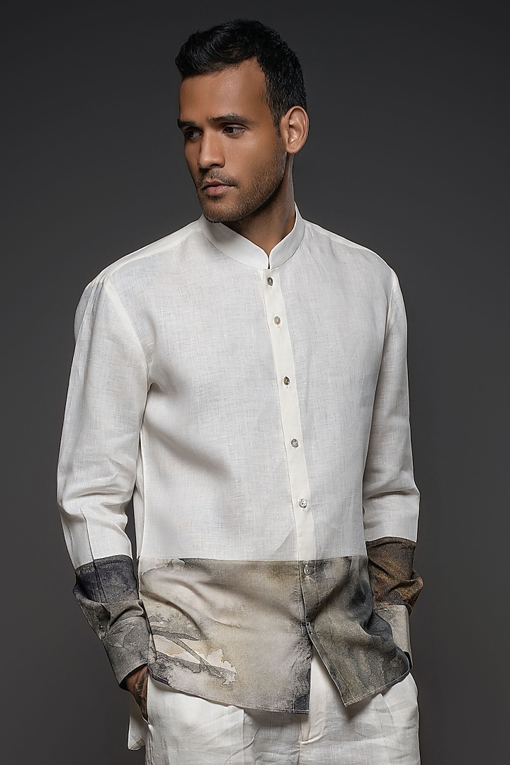 White Linen & Voile Printed Shirt by Balance by Rohit Bal Men
