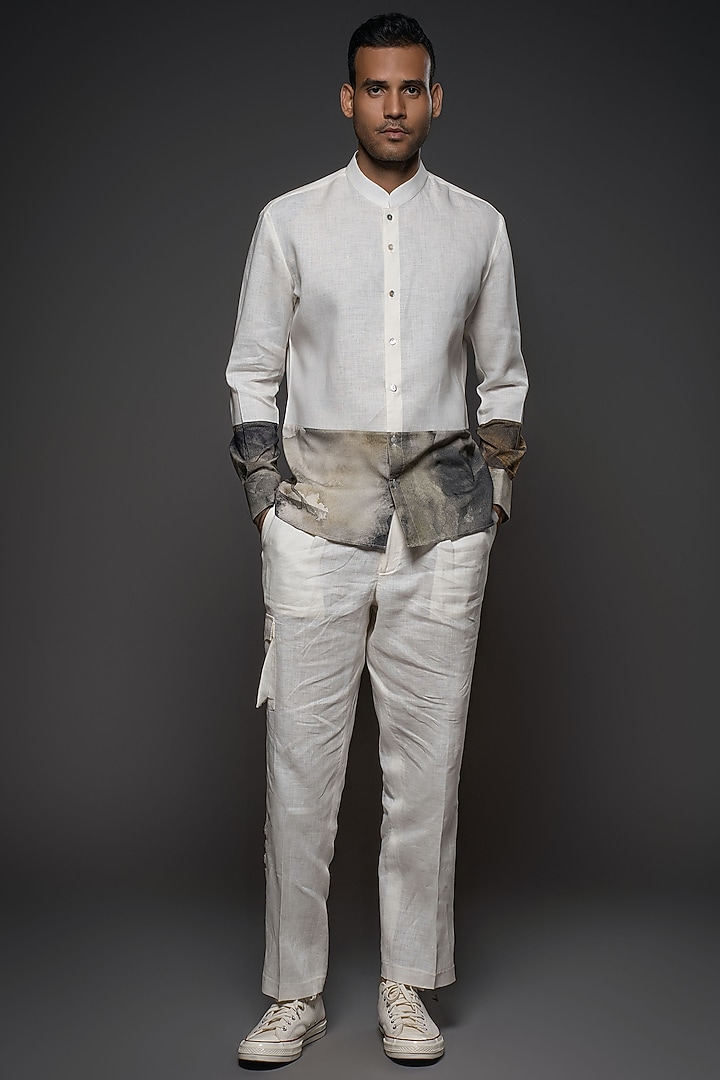 White Linen & Voile Printed Party Wear Shirt by Balance by Rohit Bal Men at Pernia's Pop Up Shop