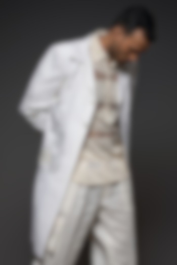 White Matka Silk Printed Long Jacket by Balance by Rohit Bal Men at Pernia's Pop Up Shop