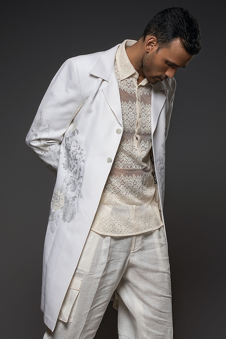White Matka Silk Printed Long Jacket by Balance by Rohit Bal Men
