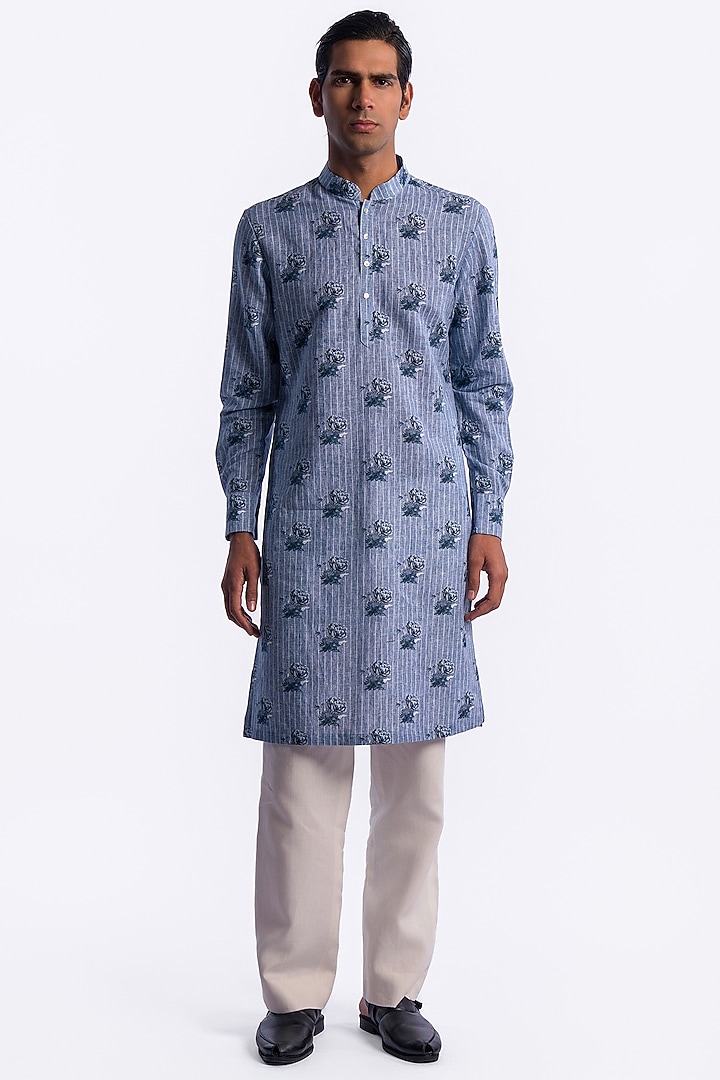 Blue Chanderi Digital Printed Kurta by Balance by Rohit Bal Men at Pernia's Pop Up Shop
