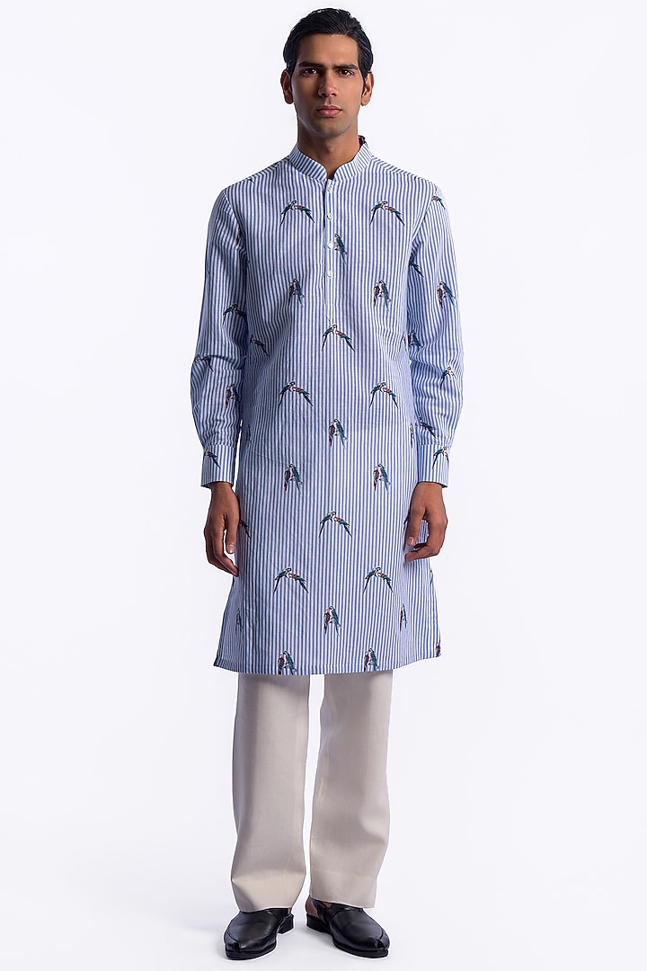 Blue Chanderi Digital Printed Kurta by Balance by Rohit Bal Men at Pernia's Pop Up Shop