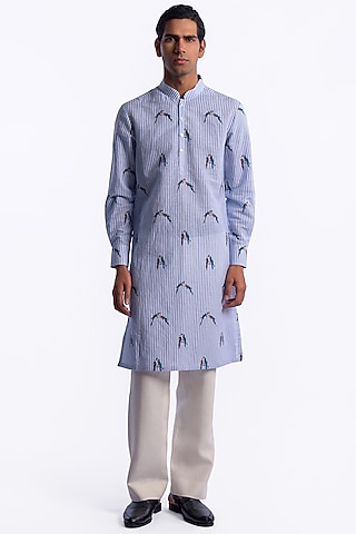 Blue Linen Digital Printed Kurta by Balance by Rohit Bal Men