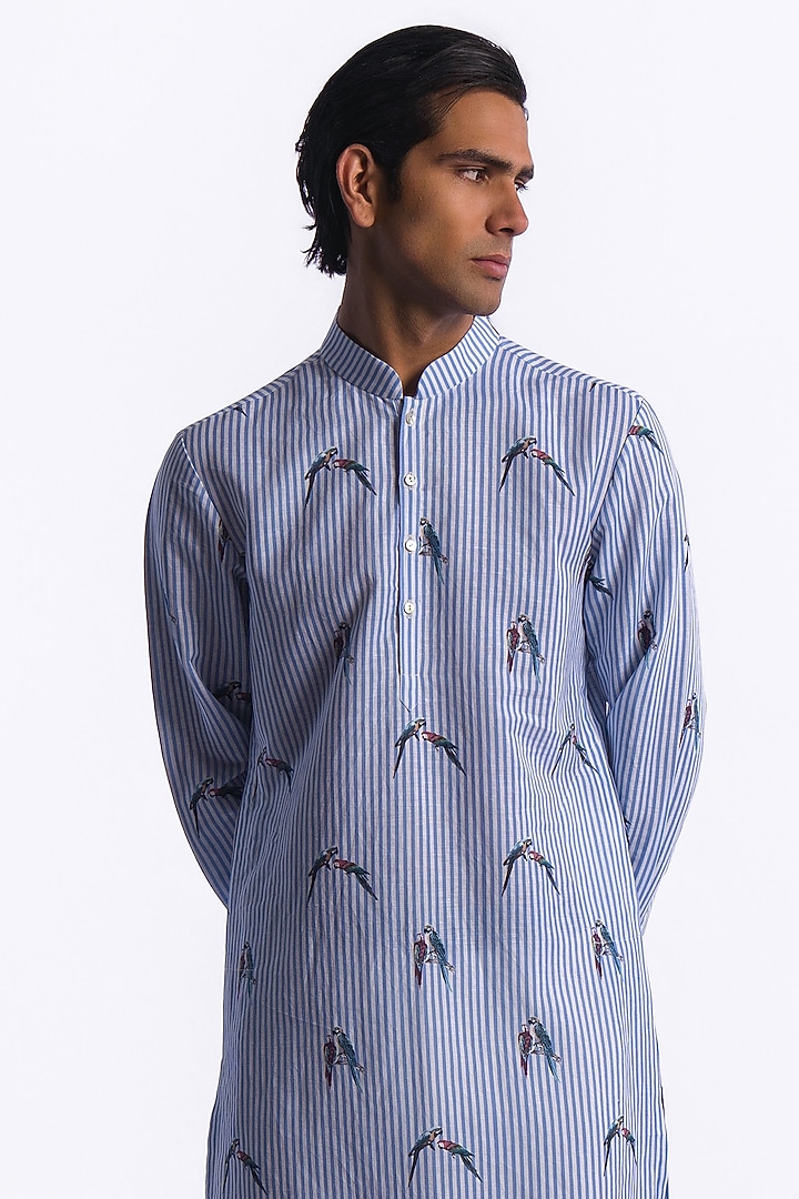 Blue Linen Digital Printed Kurta by Balance by Rohit Bal Men at Pernia's Pop Up Shop