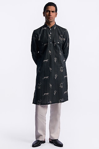 Black Linen Digital Printed Kurta by Balance by Rohit Bal Men