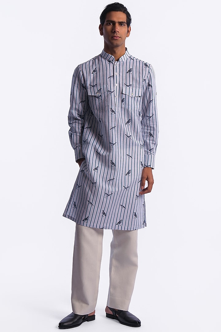 Blue Chanderi Digital Printed Kurta by Balance by Rohit Bal Men at Pernia's Pop Up Shop