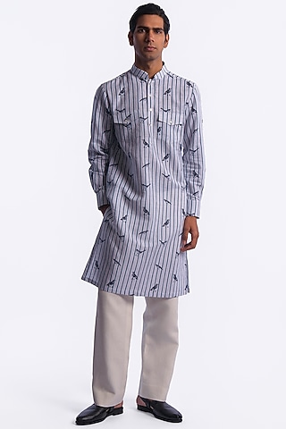 Blue Linen Digital Printed Kurta by Balance by Rohit Bal Men