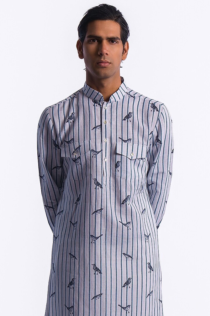 Blue Linen Digital Printed Kurta by Balance by Rohit Bal Men at Pernia's Pop Up Shop